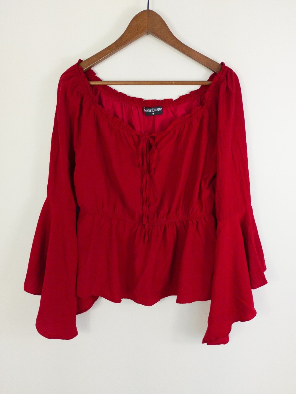 Scarlet Darkness Red Renaissance Off Shoulder Bell Sleeve Lace Up Peasant Top M